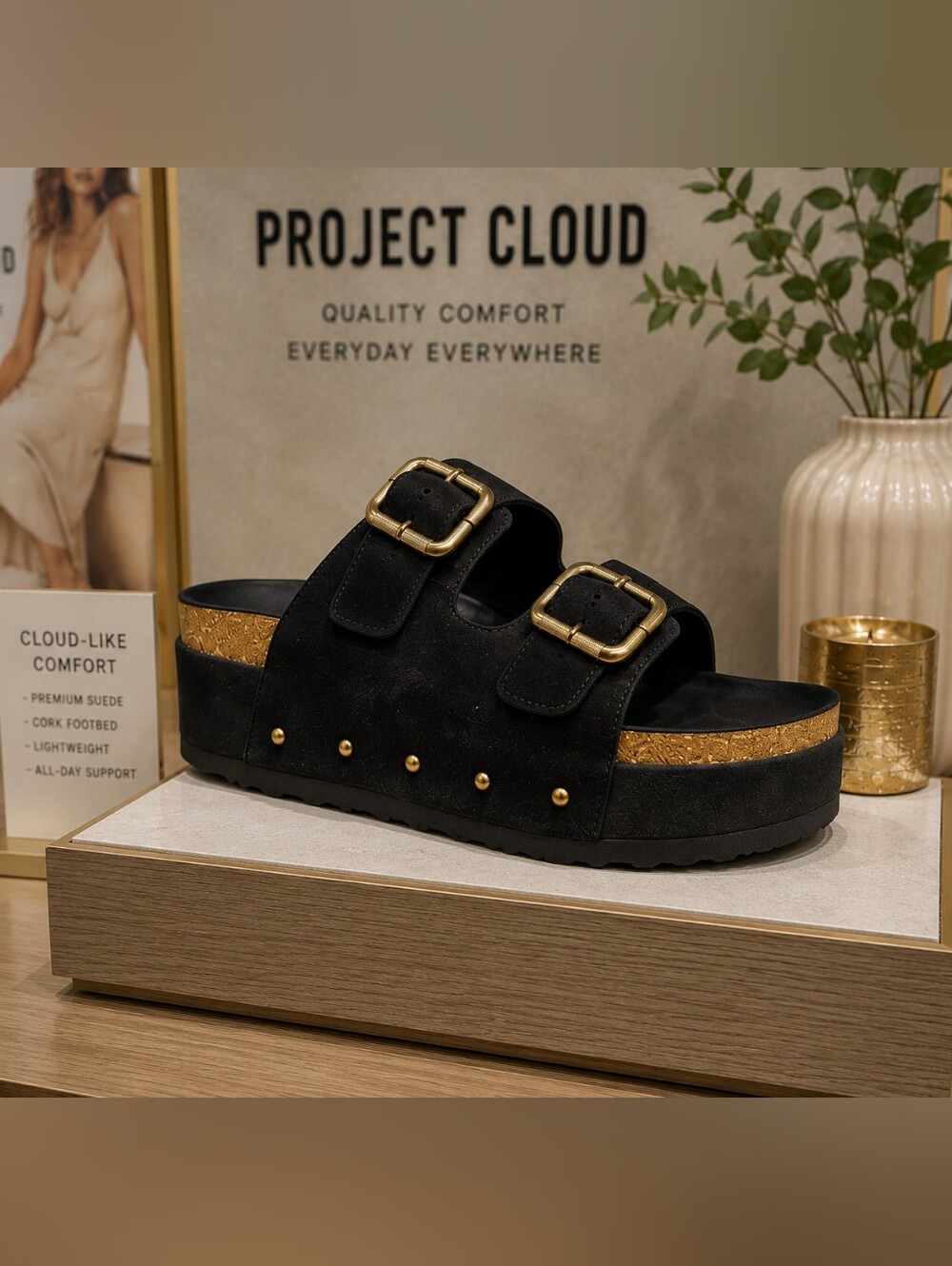Project Cloud Women's Black Suede Platform Sandal with Gold Buckles